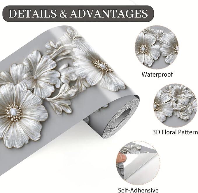 Silver Floral Wallpaper Border 196x4 Inch Peel and Stick Wall Border Metallic - Image 9