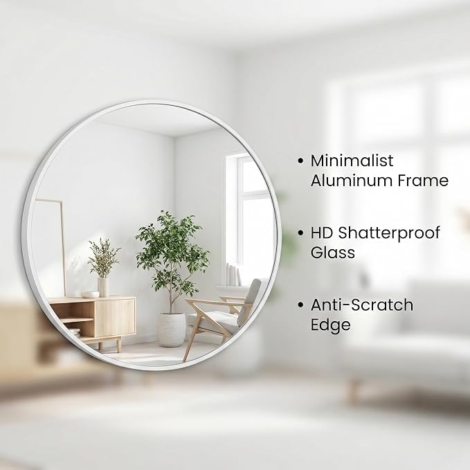 HARRITPURE Round Mirror 24" White Wall Mounted Circle Mirrors Vanity Mirror - Image 3