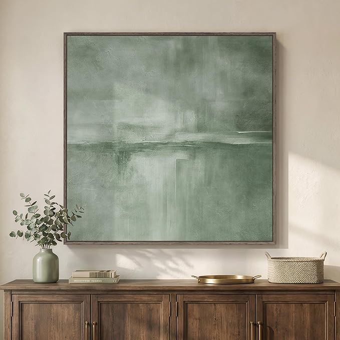 Large Framed Green Abstract Wall Art, Modern Minimalist Sage Green Canvas by Cuspin
