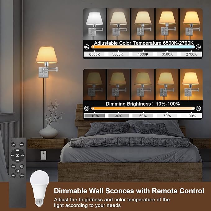TRLIFE Wall Sconces Plug in, Remote Control Dimmable Wall Sconce and Adjustable - Image 3