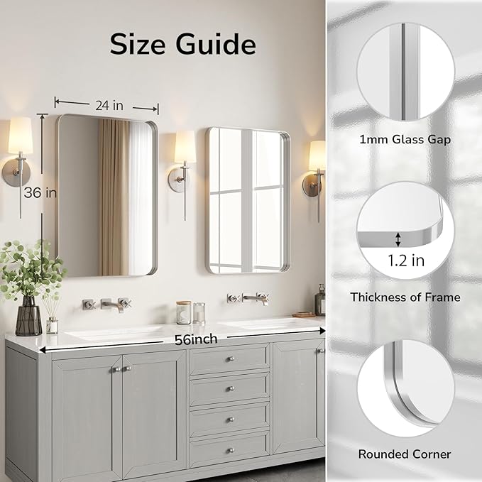 USHOWER Brushed Nickel Bathroom Mirrors 24"x36" 2 Pack, Rounded Corner - Image 4