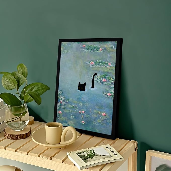 Fantasy Artists Monet Water Lilies Cat Wall Art, Framed Vintage Canvas Art Wall - Image 4