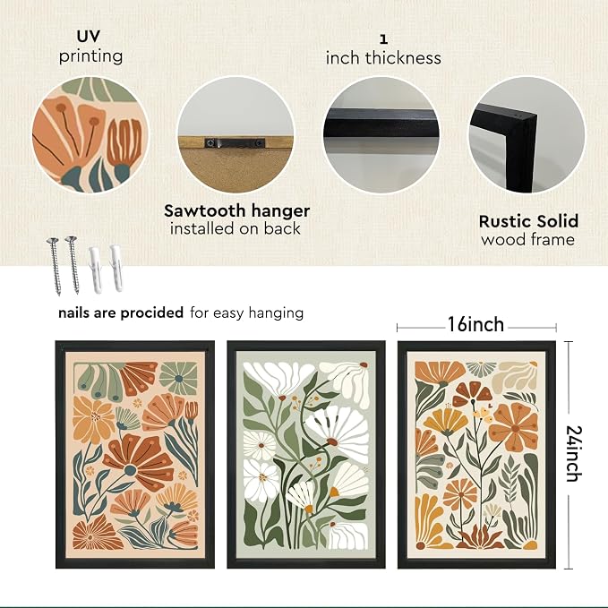 YWJKWLGS Mid Century Boho Wildflower Wall Art Set of 3, 16x24 Inch Black Framed - Image 2