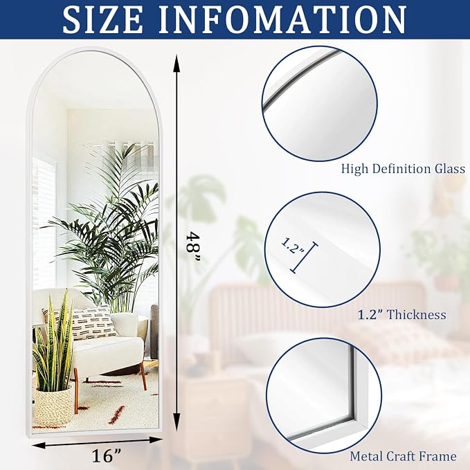 White 48"x16" Arched Full Length Mirror, Large Bathroom Wall Mirror Metal - Image 7