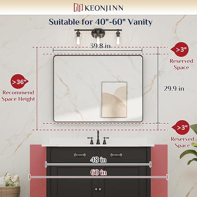Keonjinn Black Bathroom Mirror for Over Sink, 40 x 30 Inch Rounded Rectangle - Image 5