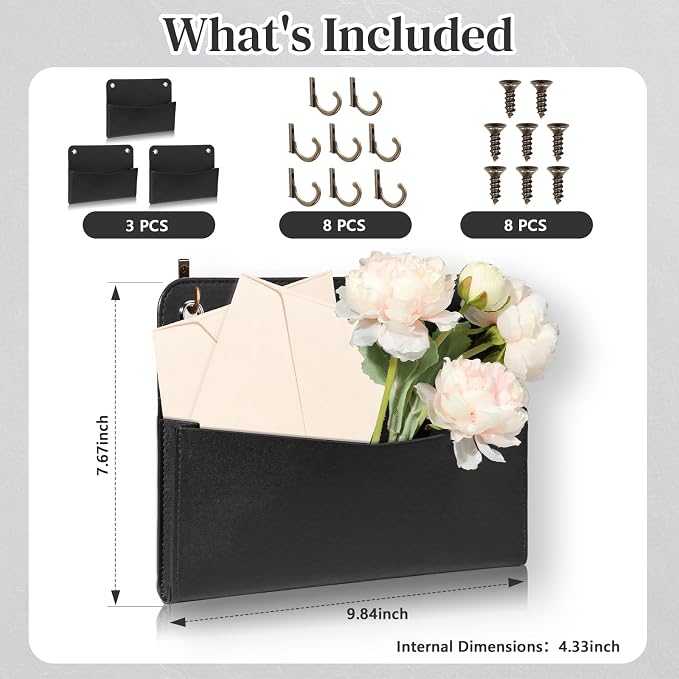 3 PCS Wall Mount PU Leather Mail Holder Black Faux Leather Letter Holder 2 Ring - Image 2