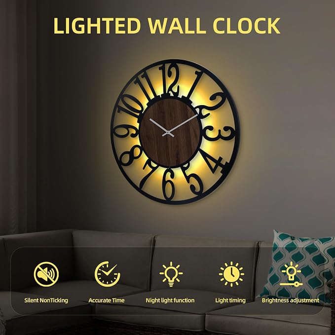 LEIKE Large Wall Clock 30'' Lighted Rustic Wood Clock - Image 4