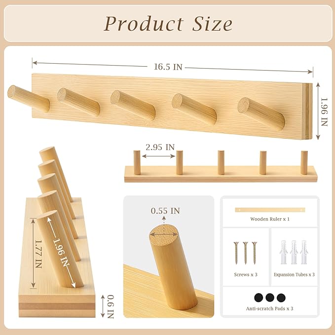 Coat Rack Wall Mount, Wooden Coat Hanger - Image 5