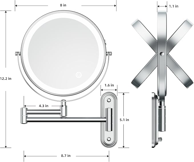 Rocollos Rechargeable Wall Mounted Lighted Makeup Mirror, 8 Inch Double-Sided - Image 5