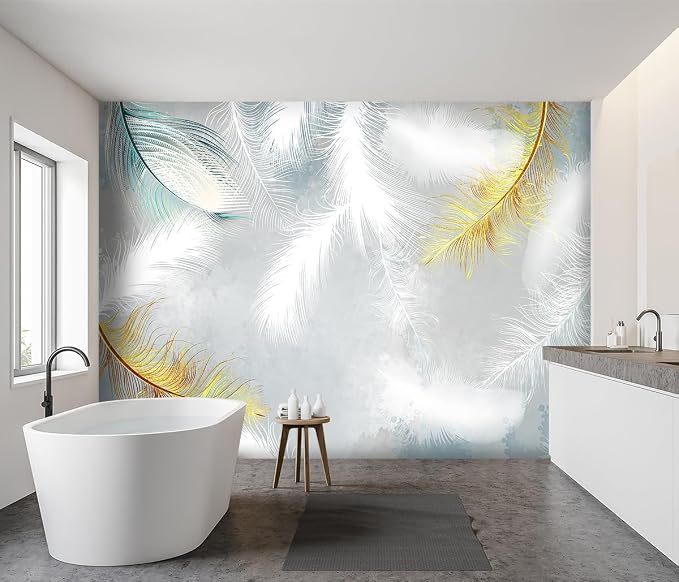 -Gold Modern Feather Fabric Wallpaper Living Room Bedroom Bathroom Large Wall - Image 3