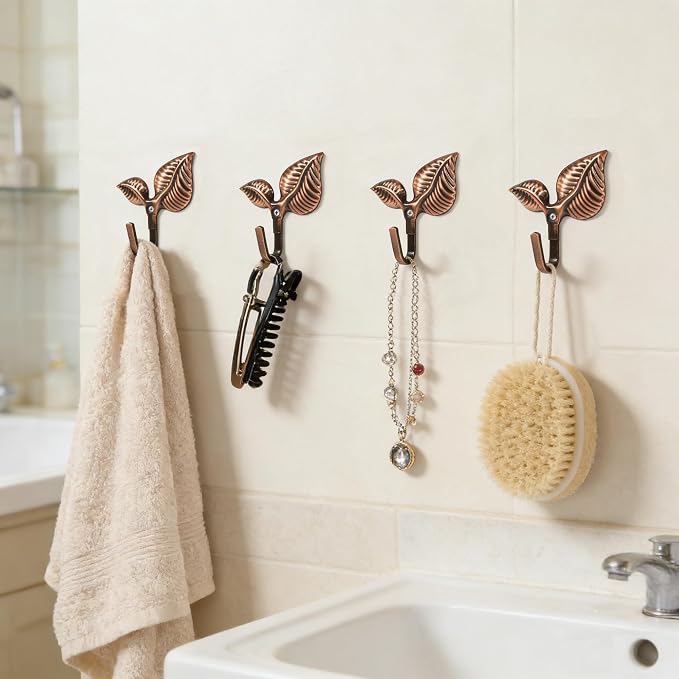 Set of 4 Vintage Leaf Wall Hooks Antique Bronze Coat Hooks Heavy Duty - Image 6