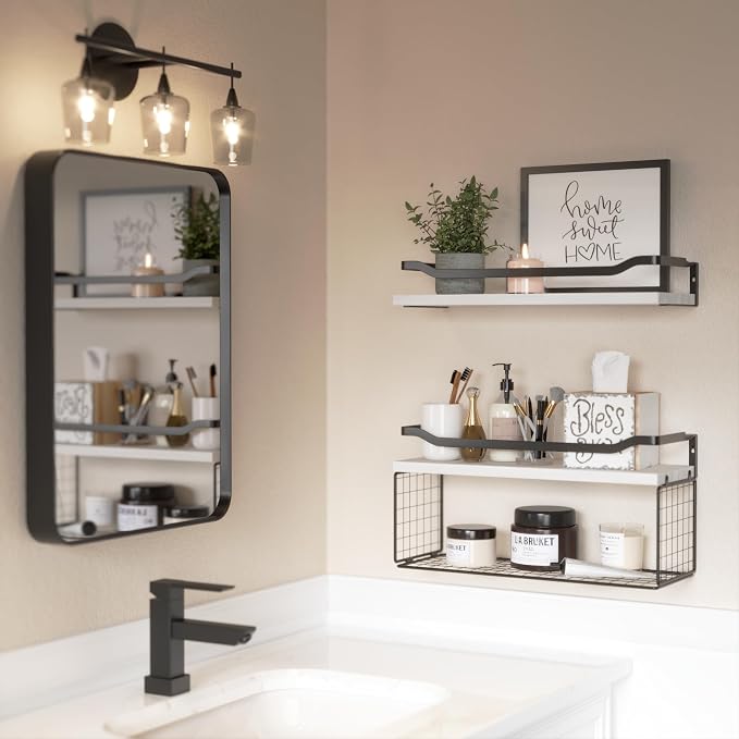 WOPITUES Floating Shelves with Wire Storage Basket, Bathroom Shelves Over - Image 5