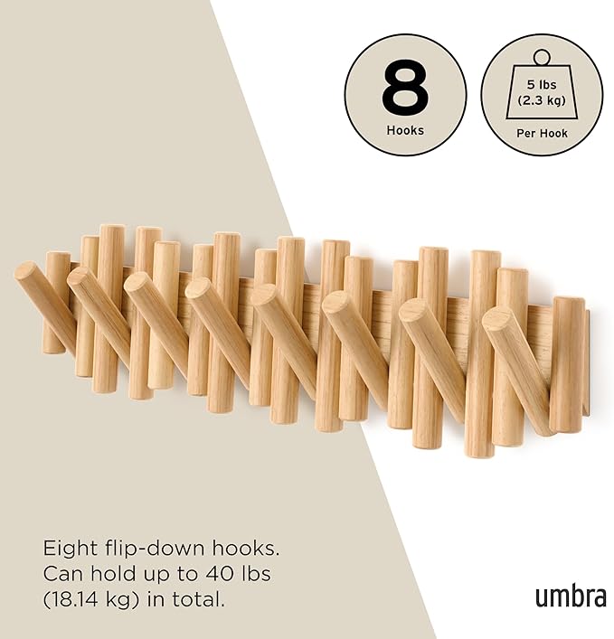 Umbra Picket Coat Rack with 8 Hooks – Natural Wall-Mounted Coat Rack with - Image 5