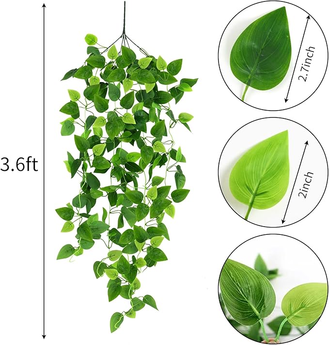 CEWOR 2pcs Fake Hanging Plants for Room Decor, 3.6ft Artificial Ivy Pothos Vine - Image 2