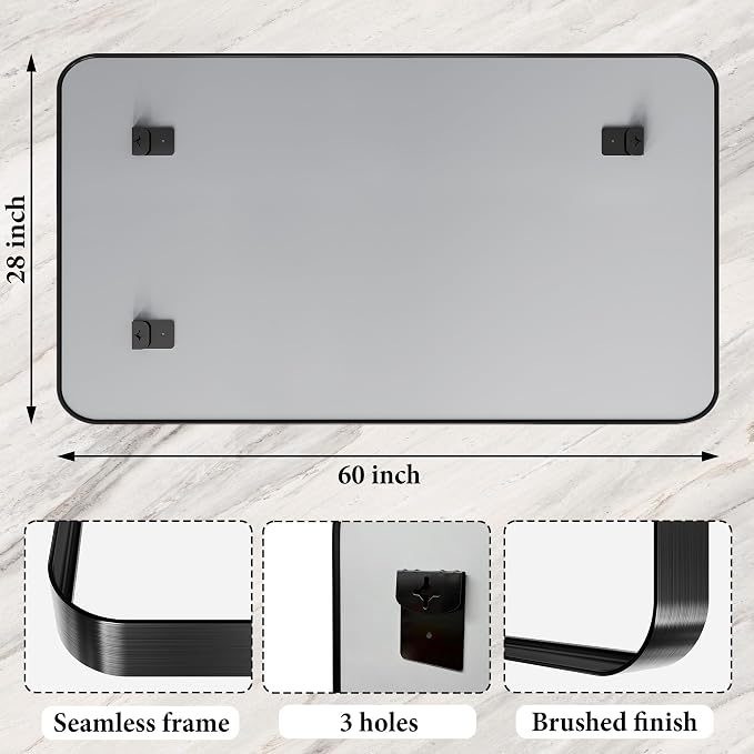60X28 Inch Black Metal Framed Bathroom Mirror - Image 3