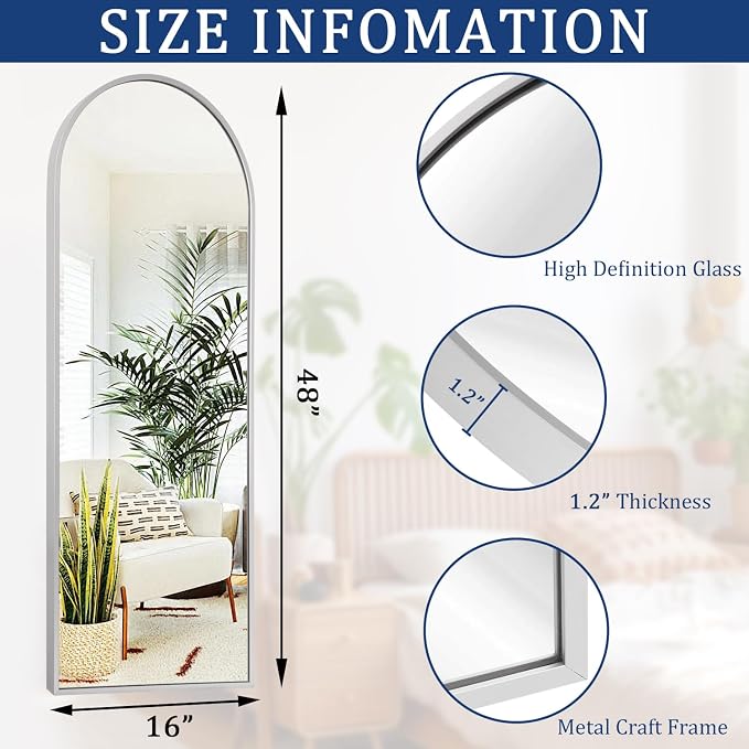 48x16 inches Arch Bathroom Full Length Mirror, Metal Aluminum Frame Modern - Image 7