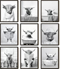 SEHSUVC Funny Bathroom Cow Posters Wall Art Set of 9, Vintage Black and White by Unknown