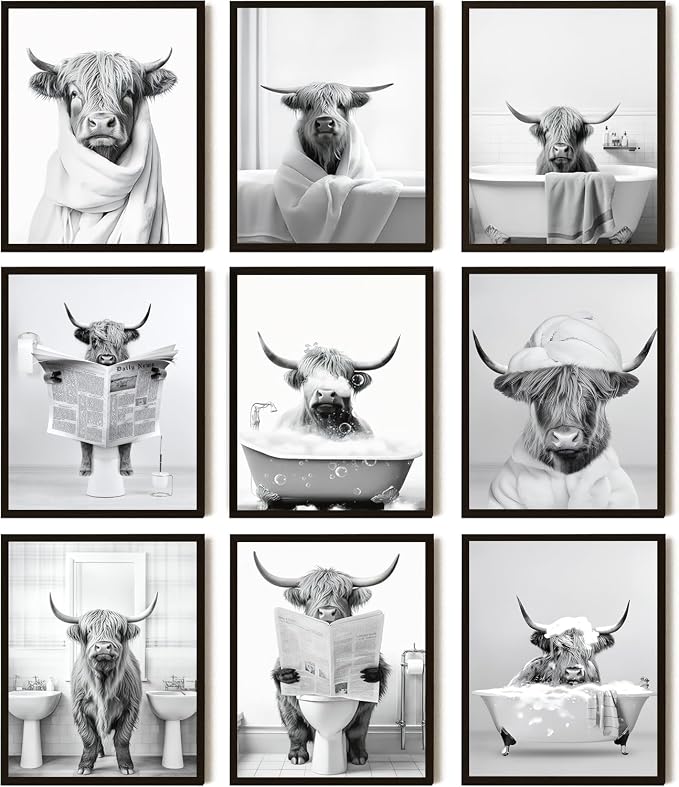SEHSUVC Funny Bathroom Cow Posters Wall Art Set of 9, Vintage Black and White by Unknown