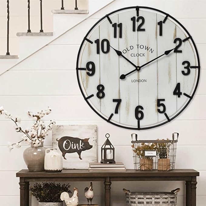 Large Old Town Farmhouse Wall Clock – 24 Inches Rustic Antique Wood by EMAXHOME