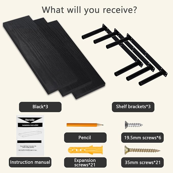 Vervida® 3 Pack Black Floating Shelves, Holds Up to 37 Lbs, - Image 7
