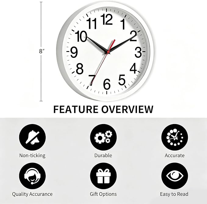 Rohioue Wall Clock Modern 8 Inch Battery Operated Silent Non Ticking Small - Image 3