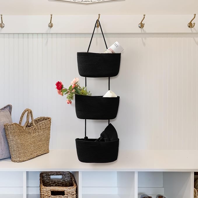 TeoKJ Over the Door Hanging Basket, 3-Tier Woven Cotton Wall-Mounted Storage - Image 5