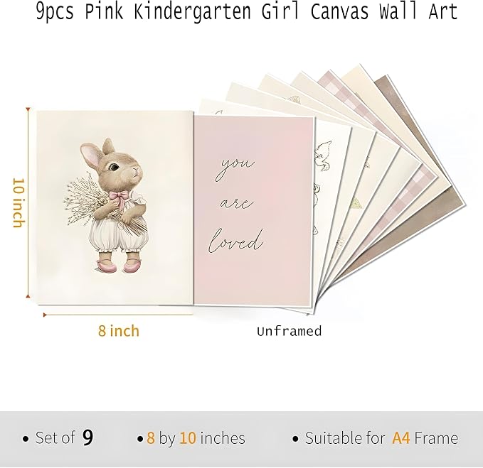9pcs Nursery Pink Wall Art Baby Girl Canvas Wall Art Vintage Floral Prints Kids - Image 3