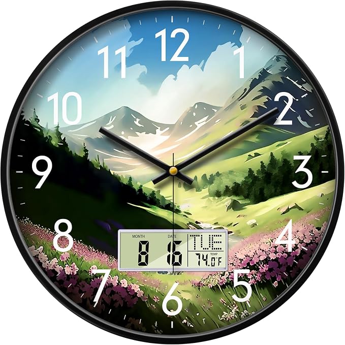 12'' Silent Non-Ticking Rustic Mountain Wildflowers Wall Clock, Battery by SCOAGE