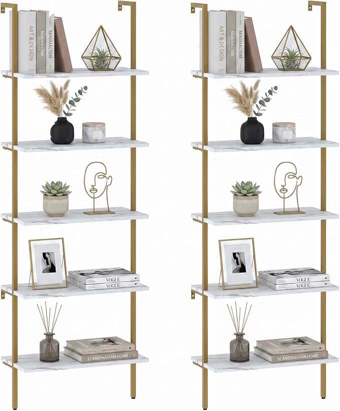 aboxoo Ladder Shelf 2PCS White Marble Bookshelf 5-Tier Wall-Mounted Wood Rack by aboxoo