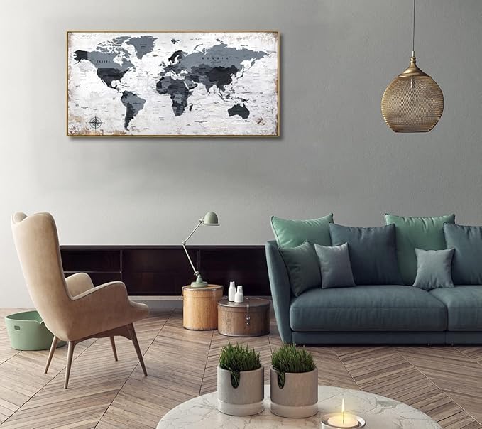Framed wall art World Map Wall Art Canvas Picture 30inchx60inch Large Black and - Image 2