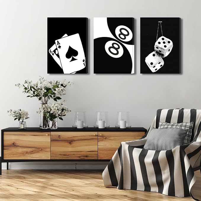 BOKPEN 3Pcs Black and White Poker Dice Canvas Wall Art Lucky You Poster Prints - Image 3