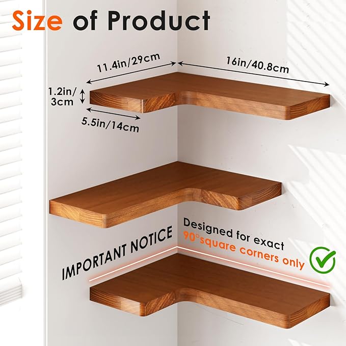Fixwal Corner Floating Shelves for Wall Mounted Natural Solid Wood 16"x11.4" - Image 2
