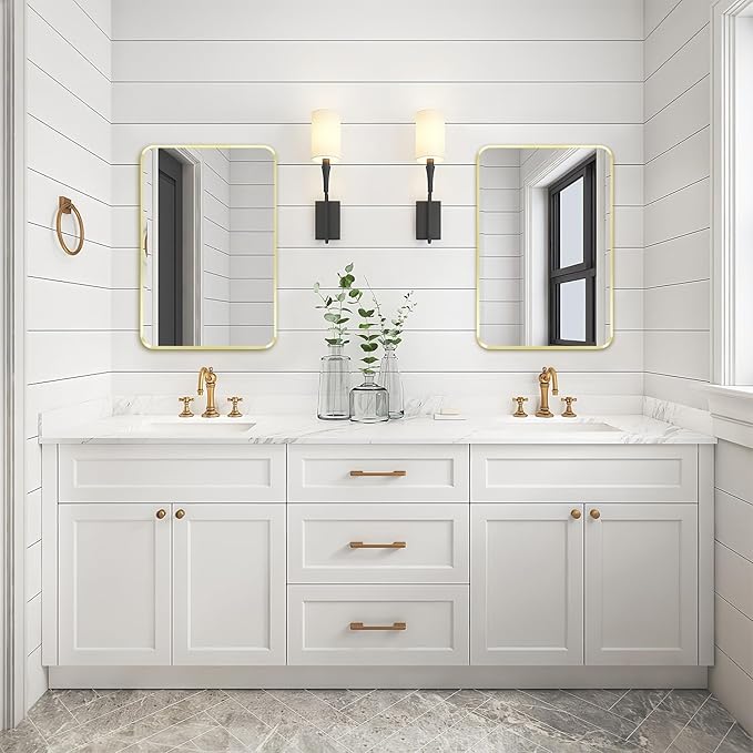 Wall Mount Mirror for Bathroom, Brushed Gold Metal Framed Rounded Corner - Image 3
