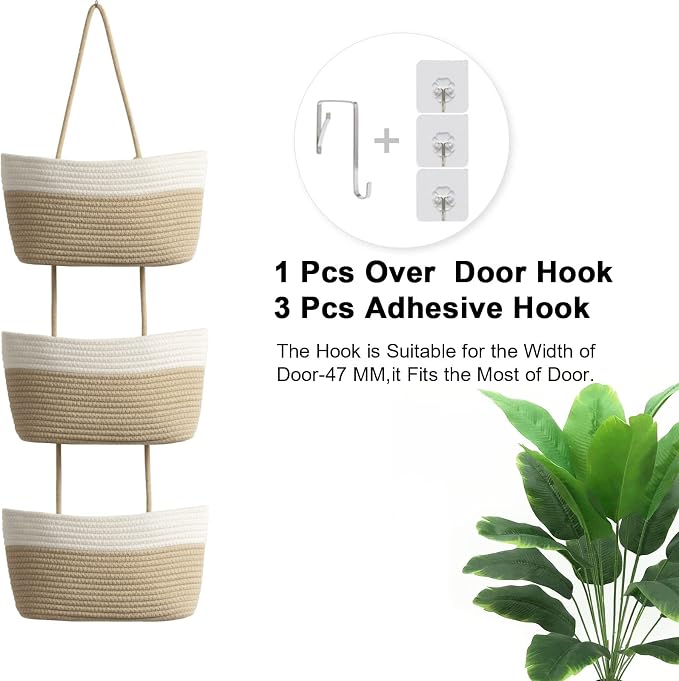 TeoKJ Over the Door Hanging Basket, 3-Tier Woven Cotton Wall-Mounted Storage - Image 4