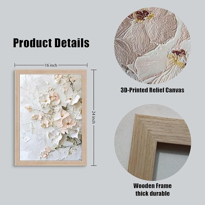 Framed 3D Floral Canvas Wall Art Textured Floral Oil Painting Modern Neutral - Image 2