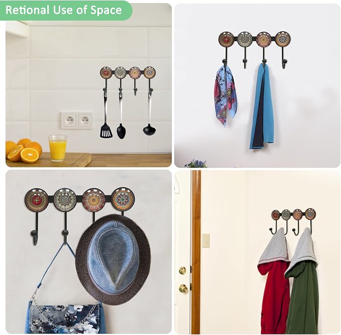 Coat Rack Wall Mounted with 4 Hooks, Round Brown Pattern Decorative Wall Hooks - Image 5