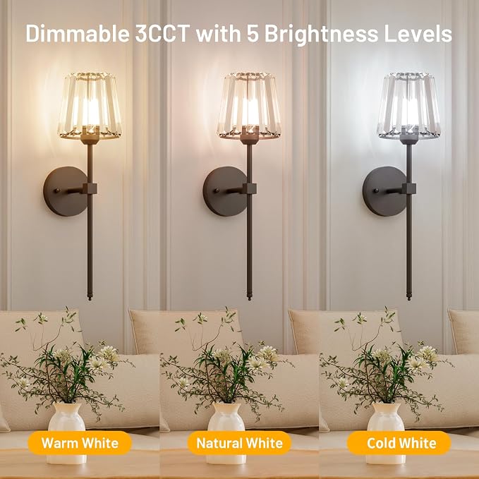 Crystal Battery Operated Wall Sconces Set of 2, 12 RGB and 3CCT Dimmable Wall - Image 7