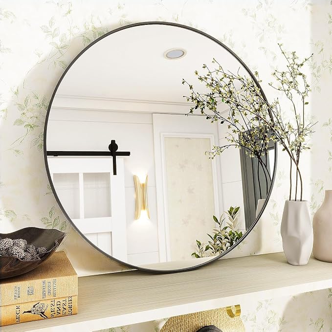 VooBang Black Round Bathroom Mirror, 24 inch Circle Wall Mounted Hanging Mirror - Image 4
