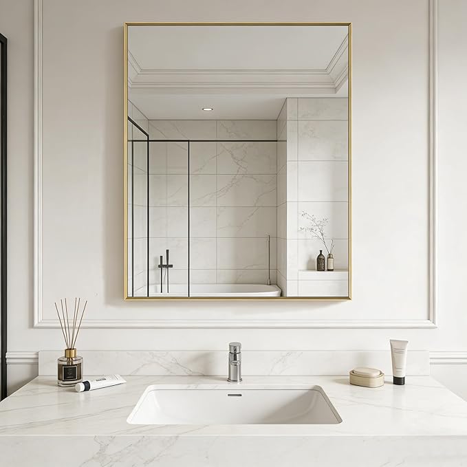 Bathroom Mirror for Wall, 30x40 Inch Metal Framed Mirror, Brushed Gold by Ruomeng