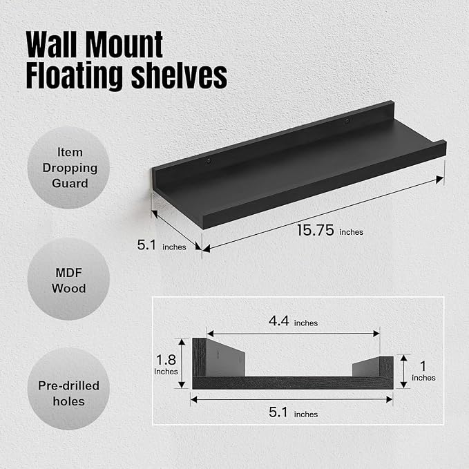 RICHER HOUSE 8 Set Black Floating Wall Mounted Shelves, Nursery Hanging Book - Image 3