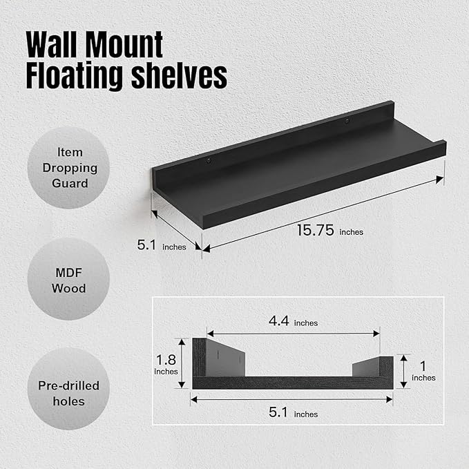 RICHER HOUSE 5 Set Floating Wall Mounted Shelves, Modern Picture Ledge Shelf - Image 3