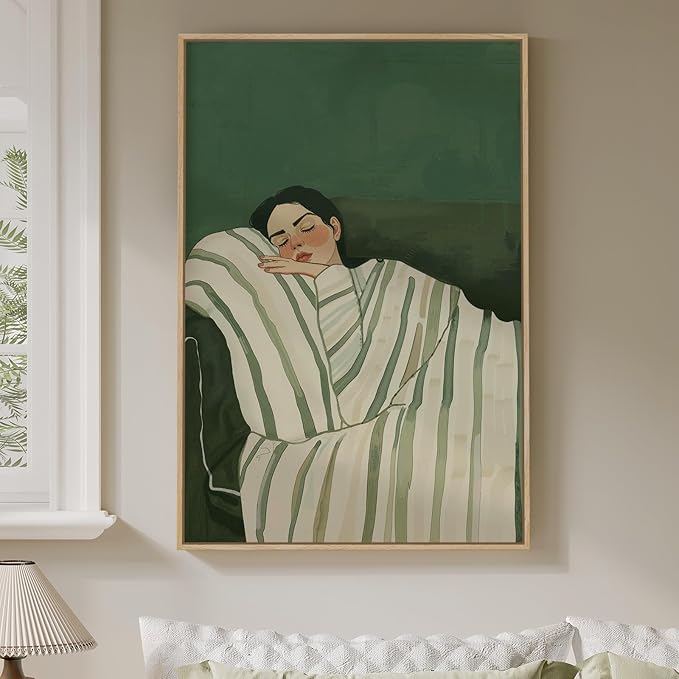 Framed Woman Bedroom Wall Art, Large Cozy Woman Canvas Painting by Cuspin