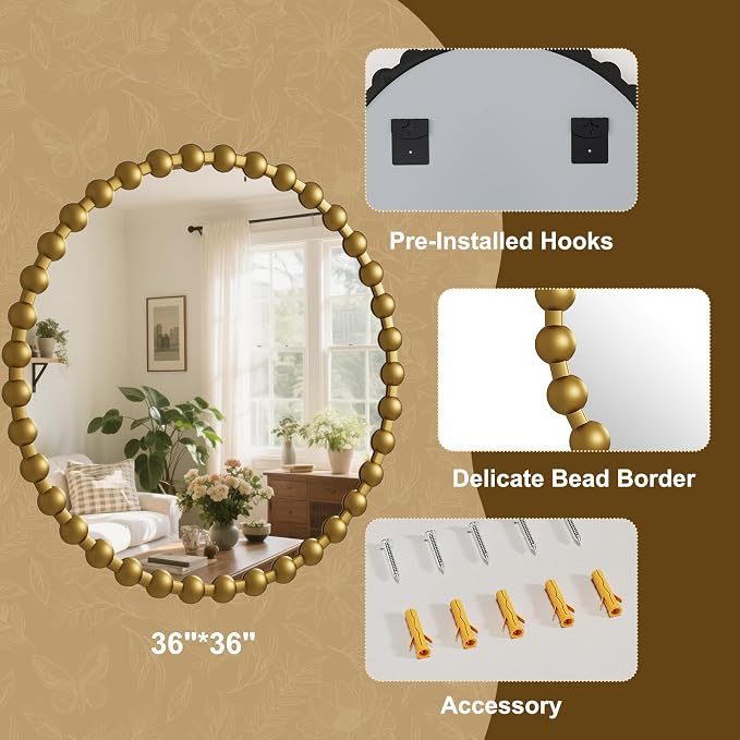 Easly Round Mirror for Wall, 36 Inch Gold Beaded Frame Decorative Vanity Mirror - Image 4