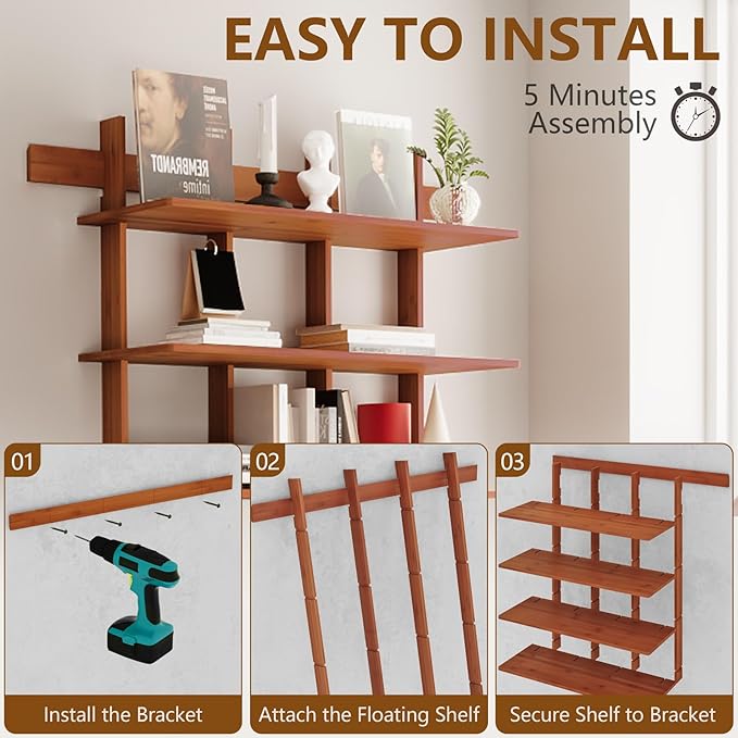 4-Tier Wall Mounted Bamboo Bookshelf, 43×52 Inch Large Floating Shelves - Image 4