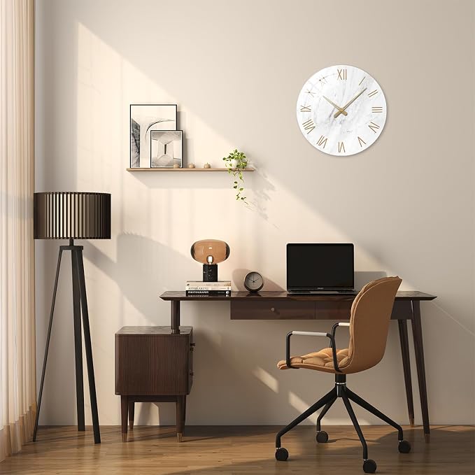 Round Marble Battery Wall Clock Modern 14 Inch White Minimalist Wall Clock - Image 2