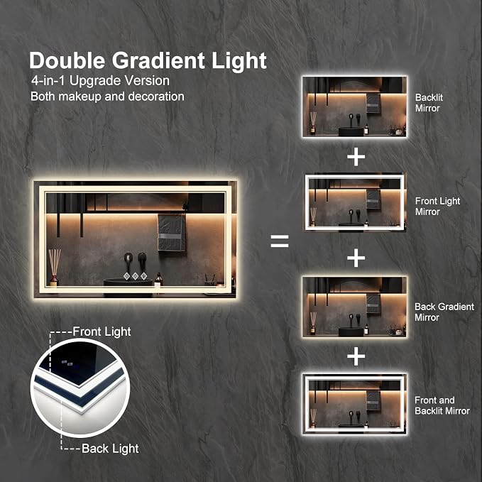 LED Vanity Mirror, 48x30 Inch Gradient Front and Backlit LED Mirror - Image 4