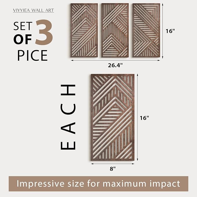 VIYYIEA Boho Solid Wood Carved Wall Art Set of 3, Geometric Minimalist Wooden - Image 2