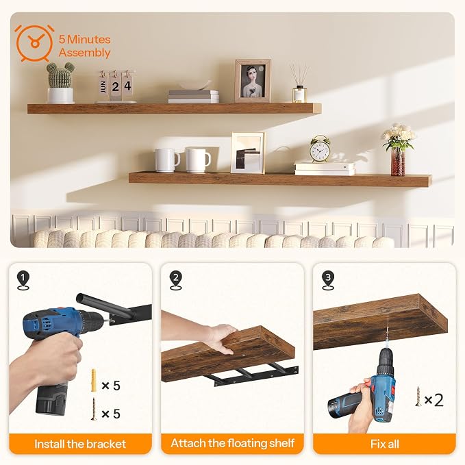 HOOBRO Floating Shelves for Wall, Wall Mounted Shelf Set of 2, for Wall Storage - Image 8