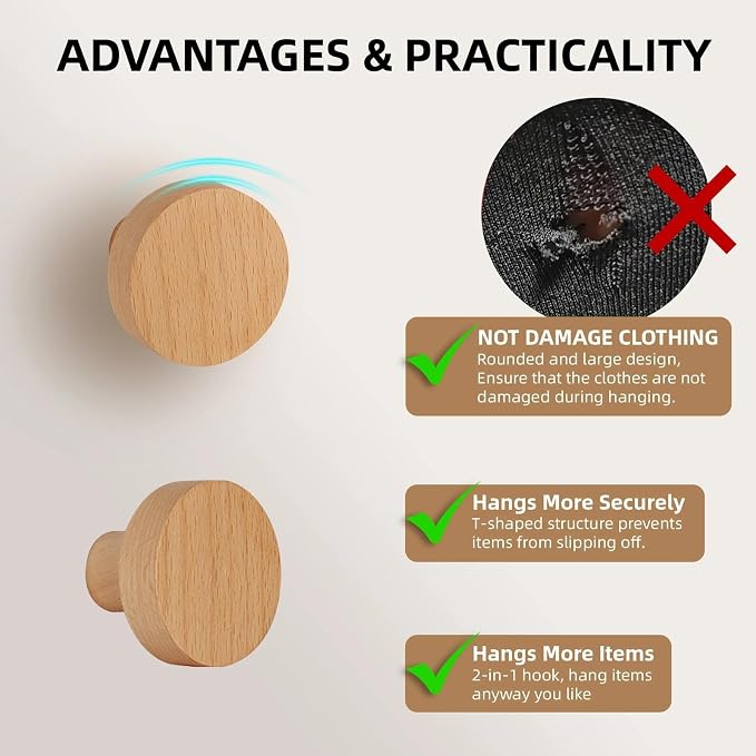 4 Pack Wood Hooks No Damage Wall Hooks Round Rings Adhesive Hooks Clothes - Image 7