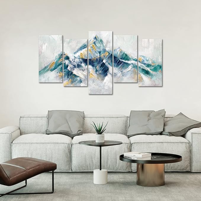 LevvArts Large 5 Piece Abstract Canvas Wall Art Teal Green and Gold Mountain - Image 2